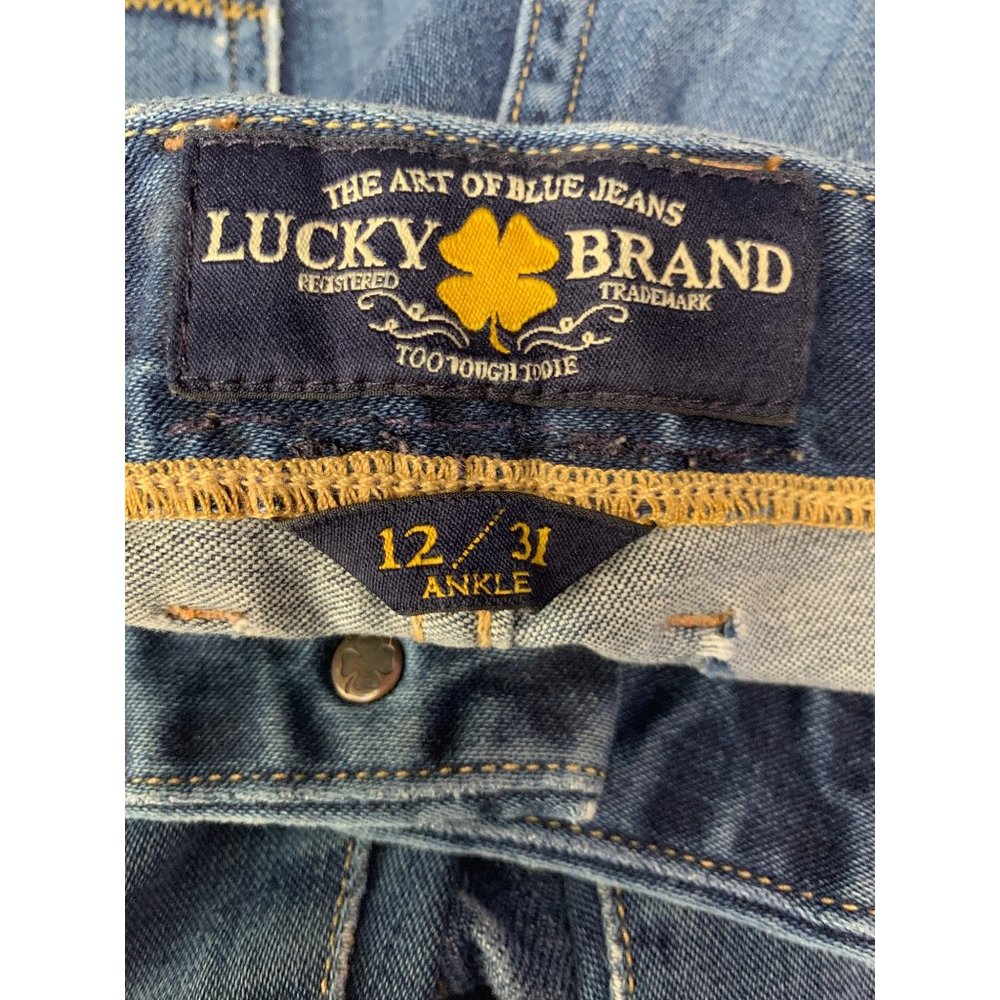 Lucky Brand Womans 12/31 The Sweet Jean Boot Ankle Patched Distressed Blue Cotto - Picture 2 of 12